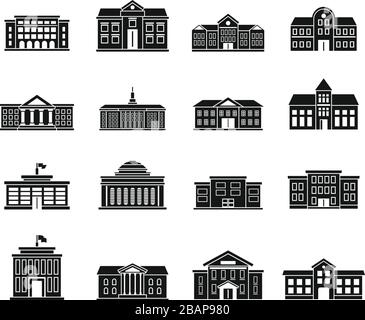 Set di icone per la costruzione di università. Semplice set di icone vettoriali per la creazione di siti universitari su sfondo bianco Illustrazione Vettoriale