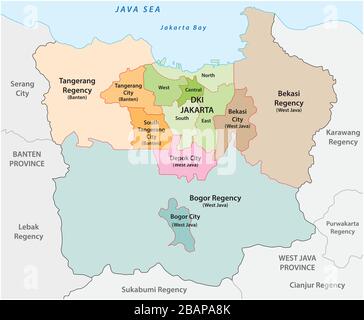 Mappa vettoriale amministrativa dell'area metropolitana di Giacarta, l'area metropolitana più popolosa dell'Indonesia Illustrazione Vettoriale