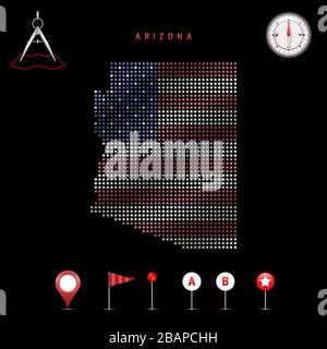 Mappa punteggiata dell'Arizona dipinta nei colori della bandiera nazionale degli Stati Uniti. Effetto flag ondulazione. Strumenti mappa, insieme di icone cartografiche. VECTO Illustrazione Vettoriale