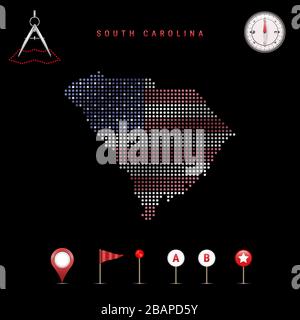 Mappa punteggiata della Carolina del Sud dipinta nei colori della bandiera nazionale degli Stati Uniti. Effetto flag ondulazione. Strumenti mappa, insieme di icone cartografiche Illustrazione Vettoriale