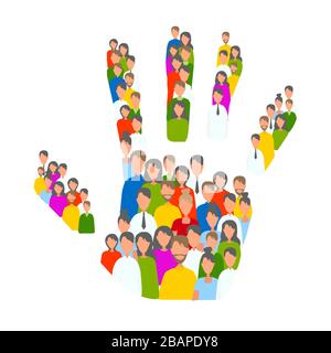 Unità e volontariato. Illustrazione con mano umana fatta di persone diverse su sfondo bianco Foto Stock