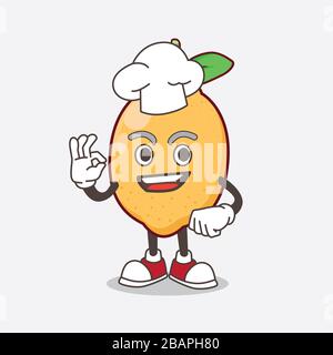 Un'illustrazione del carattere mascotte dei cartoni animati di frutta di limone in un abito dello chef e cappello bianco Foto Stock