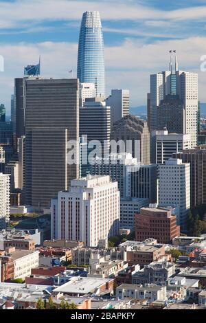 Salesforce Tower vista dalla cima della Coit Tower, San Francisco, California, Stati Uniti. Foto Stock