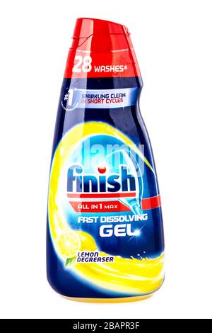 Gel per lavastoviglie di finitura, gel per lavastoviglie, marchio di finitura, sgrassatore per limone, flacone, liquido per lavastoviglie, liquido, detergente per piatti, marchio, sfondo bianco, Foto Stock