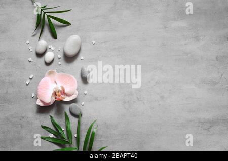 Spa concetto su sfondo pietra, foglie di palma, fiori e zen, pietre grigie, vista dall'alto, spazio copia Foto Stock