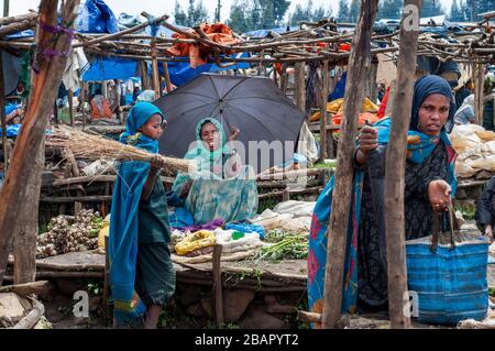 Luogo di mercato. Sbarcare. Simien Mountains. Nord dell'Etiopia. Una ragazza caricata con legna da ardere a sbarcare sul mercato. Sbarcare ha un paio di negozi e bancarelle dove Foto Stock