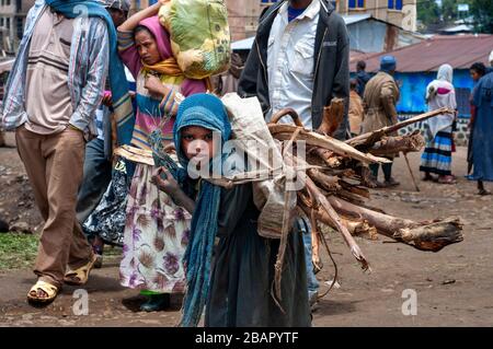 Luogo di mercato. Sbarcare. Simien Mountains. Nord dell'Etiopia. Una ragazza caricata con legna da ardere a sbarcare sul mercato. Sbarcare ha un paio di negozi e bancarelle dove Foto Stock