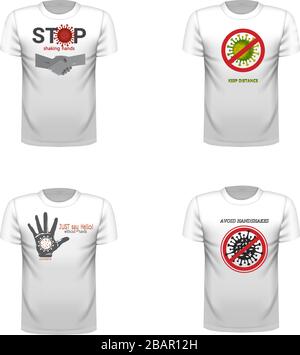 INTERROMPERE IL CORONAVIRUS COVID-19. ASTENERSI DAL CONTATTO. VETTORE DI DESIGN DELLA T-SHIRT. Illustrazione Vettoriale