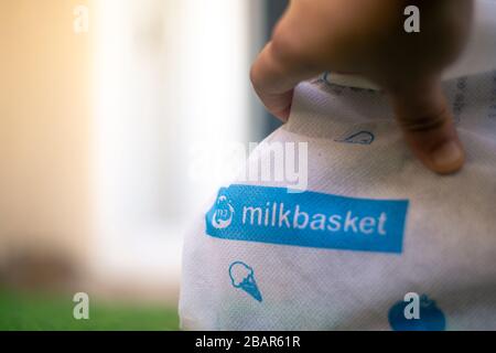 Borsa bianca da cestino in erba fuori da una casa che mostra le consegne giornaliere in abbonamento da questo giocatore di e-com Foto Stock