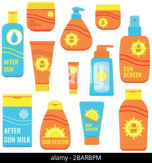 Set di icone vettoriali per bottiglie di protezione solare isolate su sfondo bianco. Illustrazione Vettoriale