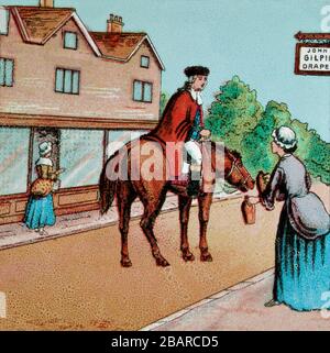 La storia divergente di John Gilpin, un'illustrazione di un uomo storico a cavallo di ritorno al Bell Inn a Edmonton ma essendo deviato ad un posto chiamato 'Ware' per caso. John Gilpin fu conosciuto come 'Draper', una storia di William Cowper nel 1782. Foto Stock