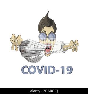 Mancanza, mancanza di maschere protettive mediche da coronovirus covid-19. Dispositivi di protezione individuale. Maschera sostituibile sul viso del ragazzo. Autoisolat Illustrazione Vettoriale