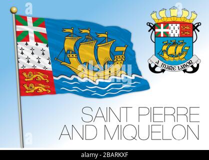 Bandiera nazionale e stemma di Saint Pierre e Miquelon, territorio francese, illustrazione vettoriale Illustrazione Vettoriale