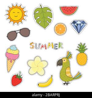 Set di simpatici adesivi estivi fiore, frutta, pappagallo, gelato, sole, diamante, occhiali da sole. Poster estivo luminoso. Elementi da collezione per feste in spiaggia Illustrazione Vettoriale