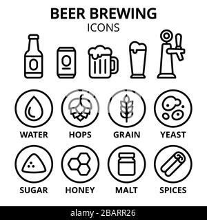 Icona birra impostata. Ingredienti per la produzione di birra, bicchieri e contenitori. Semplici icone di linea, illustrazione vettoriale. Illustrazione Vettoriale