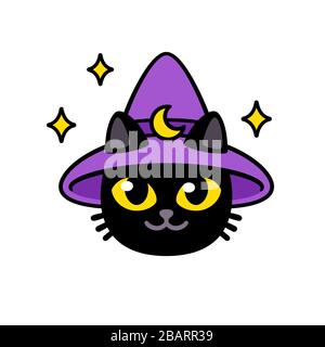 Carino gatto magico cartoon in cappello mago. Divertente testa di carattere nero kitty, illustrazione di clip vettoriali. Illustrazione Vettoriale