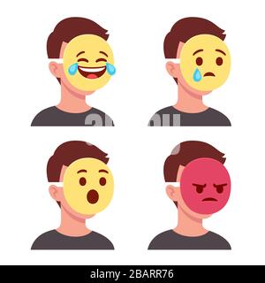 Persona con maschera emoji che copre il viso. Mostrare emozioni sui social media attraverso le reazioni. Illustrazione della clip art vettoriale. Illustrazione Vettoriale