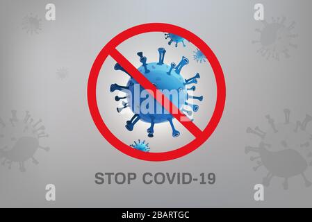 Arrestare il segno COVID-19 con particelle virali su sfondo grigio Illustrazione Vettoriale