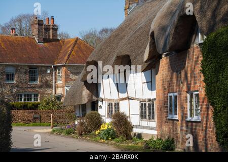 Vecchi cottage lungo la strada attraverso il villaggio di East Garston in primavera pomeriggio sole, West Berkshire, Inghilterra, Regno Unito, Europa Foto Stock