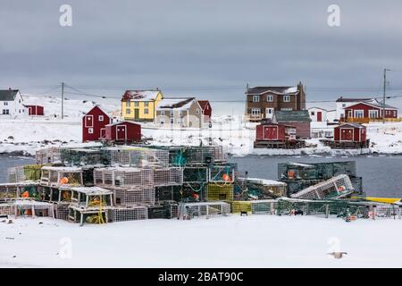 Aragoste pentole, palchi, e case lungo il porto basculante nel villaggio di pescatori storico di basculamento, sull'isola di Fogo in Terranova, Canada Foto Stock