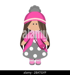 Bambola carina con lunghi capelli brunette in un cappello rosa lavorato a maglia e una borsa in abito grigio a pois polka. Bambola di straccio con cartoni animati per bambini Illustrazione Vettoriale