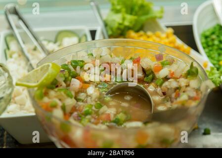 Il Vinagrete o Vinaigrette è un'insalata di cucina tradizionale brasiliana preparata con pomodori, peperoni, cipolle, aceto, prezzemolo e olive. Vista dall'alto. Vinaig Foto Stock