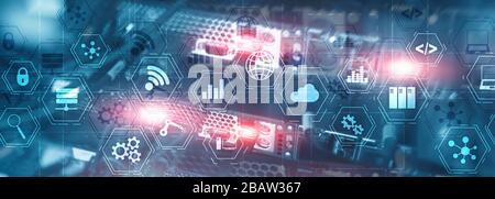 La tecnologia del settore concetto. Mixed Media schermo virtuale. La fabbricazione del wireless computing future tecnologie server room. Foto Stock