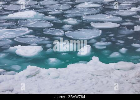 Modelli di ghiaccio frittella sull'acqua salata vicino all'isola di Fogo, Terranova, Canada Foto Stock