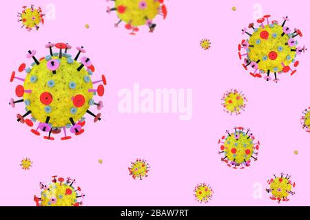 Cellule di coronavirus su sfondo rosa con spazio di copia. Giallo rosso microscopico 3D modello di illustrazione del virus influenzale Foto Stock