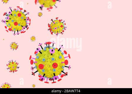 Cellule di coronavirus su sfondo rosa con spazio di copia. Giallo rosso microscopico 3D molecola modello di virus influenzale. Concetto di COVID-19, SARS-Cov-2 Foto Stock