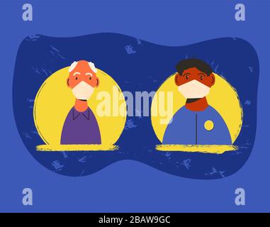 Coronavirus quarantine. Mature and young men in white medical face mask icons. Family members in prevention masks have a distant  tallk about medical Illustrazione Vettoriale