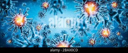 Immagine della cellula del virus dell'influenza COVID-19. Coronavirus Covid 19 focolaio di influenza di fondo. Pandemico rischio sanitario 3D concetto di illustrazione. Foto Stock