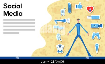 Business manager che lavora per i social media con icone. Tutti gli oggetti, le ombre e lo sfondo sono in livelli diversi e i tipi di testo non necessitano di una Illustrazione Vettoriale