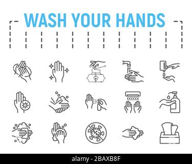 Lavarsi le mani linea sottile icona set, collezione di simboli salute, schizzi vettoriali, illustrazioni logo, icone igieniche, stop coronavirus segni lineari Illustrazione Vettoriale