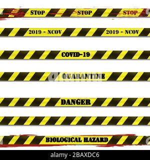 Illustrazione vettoriale. Strisce restrittive con le parole quarantena, covid-19, pericolo e stop con ombra e sangue splatter su uno sfondo bianco Illustrazione Vettoriale