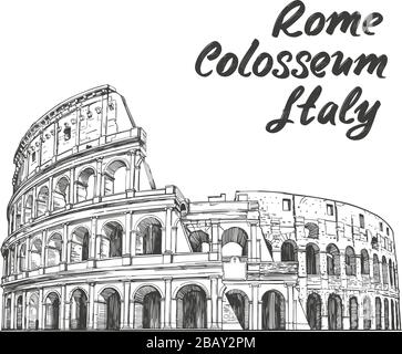 Colosseo, un antico anfiteatro, un monumento storico architettonico di Roma, Italia. Disegno vettoriale disegnato a mano, isolato su un bianco Illustrazione Vettoriale