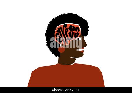 Donna stressata con un viso wry. Stress invece del cervello, un concetto di stress psicologico ed emotivo. Illustrazione Vettoriale