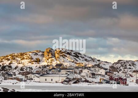 Fogo in bella luce del mattino in inverno, Fogo Island a Terranova, Canada Foto Stock