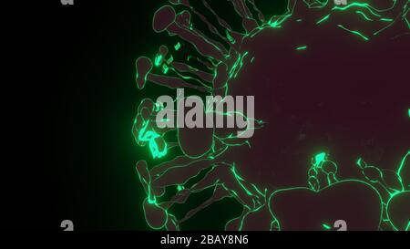 Illustrazione digitale delle particelle di coronavirus su sfondo scuro Foto Stock