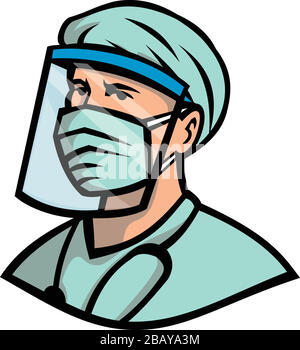 Icona Mascot immagine del busto di un medico professionista, infermiere, medico, assistenza sanitaria o lavoratore essenziale indossando un DPI, dispositivi di protezione personale Illustrazione Vettoriale