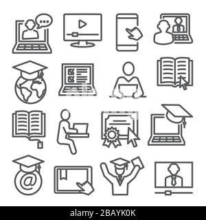 Icone della linea di formazione online impostate su sfondo bianco Illustrazione Vettoriale