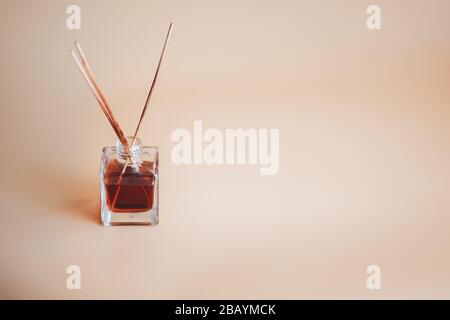 Il deodorante per l'aria si attacca sul fondo del bege vaso di vetro aroma bastoncini di bambù Foto Stock