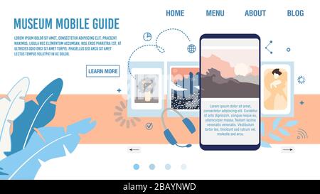 Pagina web del Museo Virtual Guide App Flat Vector Illustrazione Vettoriale
