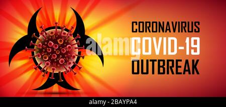 Banner Corona Virus 2019-ncov. Malattia del virus di Wuhan, infezioni da Coronavirus rosso fondo scuro. Illustrazione del vettore di focolaio di cellule di coronavirus. Illustrazione Vettoriale