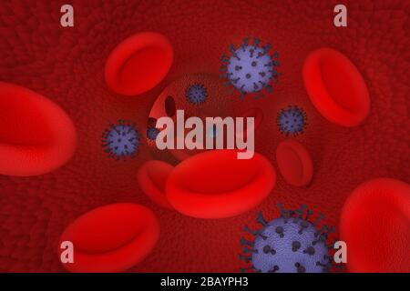 Il sangue infettato da coronavirus scorre attraverso un vaso (vista interna) - illustrazione rappresentata da 3d Foto Stock