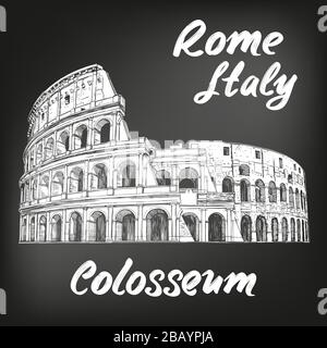 Colosseo, un antico anfiteatro, un monumento storico architettonico di Roma, Italia. Disegno vettoriale disegnato a mano, disegnato in gesso su un Illustrazione Vettoriale