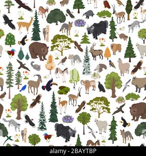 Montane foresta bioma, regione naturale senza cuciture modello. Mappa del mondo dell'ecosistema terrestre. Animali, uccelli e vegetazioni ecosistema insieme di progettazione. Vettore il Illustrazione Vettoriale