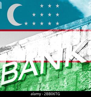 Concetto finanziario ed economico di banca con bandiera dell'Uzbekistan Foto Stock