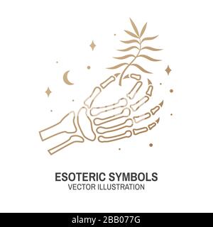 Simboli esoterici. Illustrazione del vettore. Badge geometrico a linea sottile. Icona di contorno per alchimia o geometria sacra. Design mistico e magico con mano ossea umana scheletro, stelle, pianeti e carta magica. Illustrazione Vettoriale