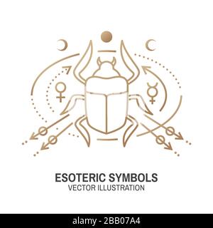 Simboli esoterici. Illustrazione del vettore. Badge geometrico a linea sottile. Icona di contorno per alchimia, geometria sacra disegno mistico e magico con scarabeo egiziano, stelle, luna, sole, pianeti e segno magico Illustrazione Vettoriale